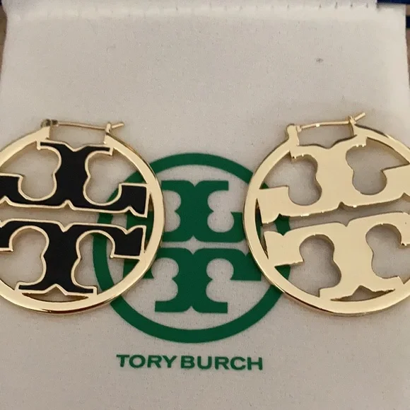 Tory Burch Gold-Tone Miller Logo Hoop Earrings - Picture 4 of 5